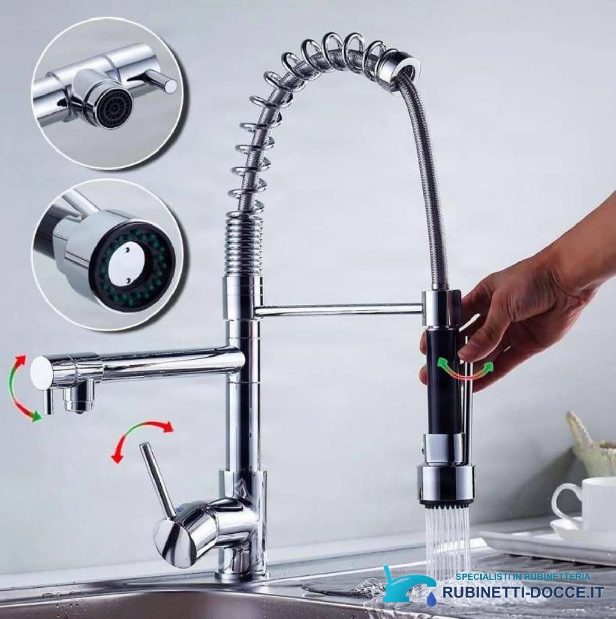 Rubinetto da cucina EYN0141 semiprofessionale a doppia uscita con doccetta estraibile, in più finiture