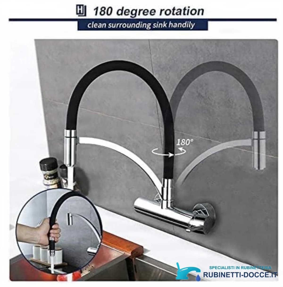Specifiche del rubinetto cucina a parete WL1026: bocca flessibile nera orientabile a 180°
