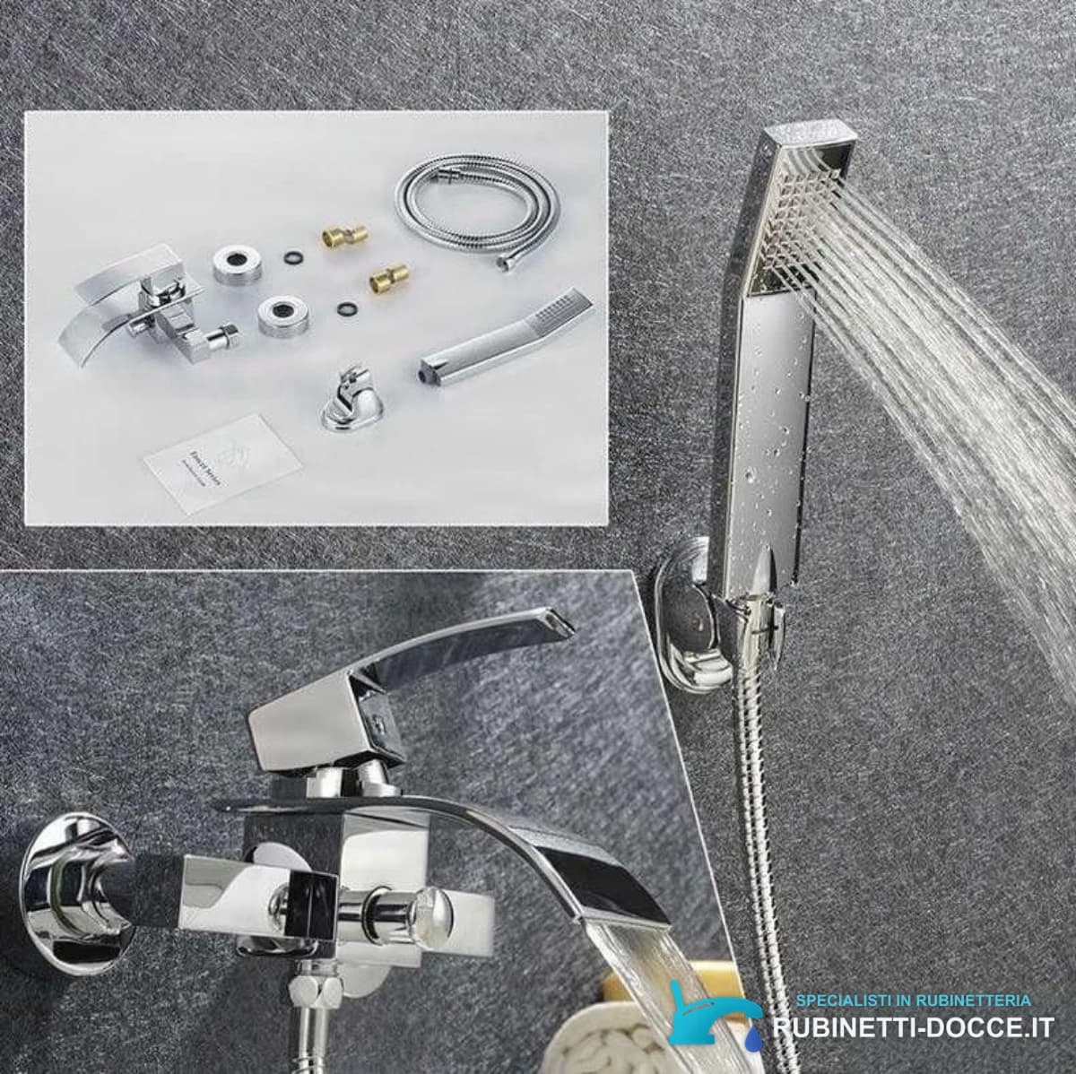 Miscelatore vasca EYN3535 in uso con bocca a cascata e doccetta
