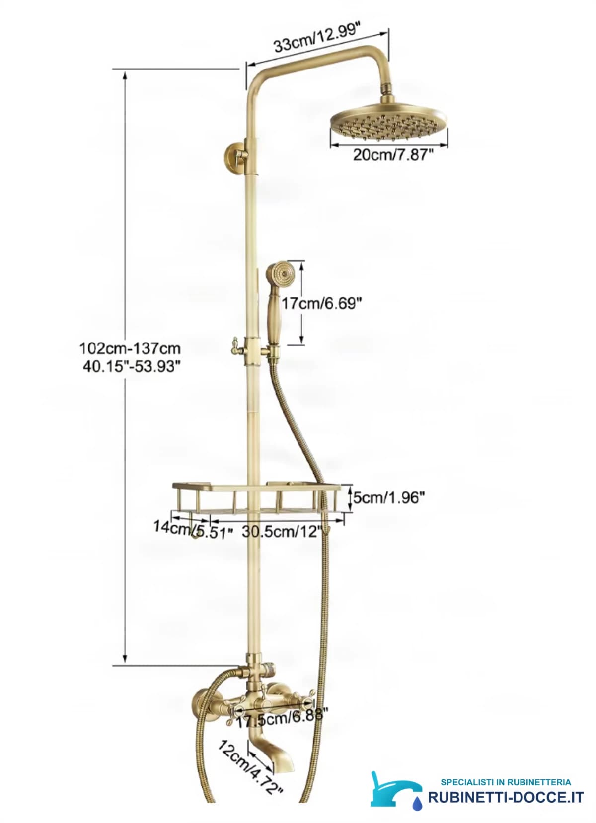 Disegno tecnico del sistema doccia esterno anticato BSE1241, altezza 102–137 cm e soffione Ø 20 cm
