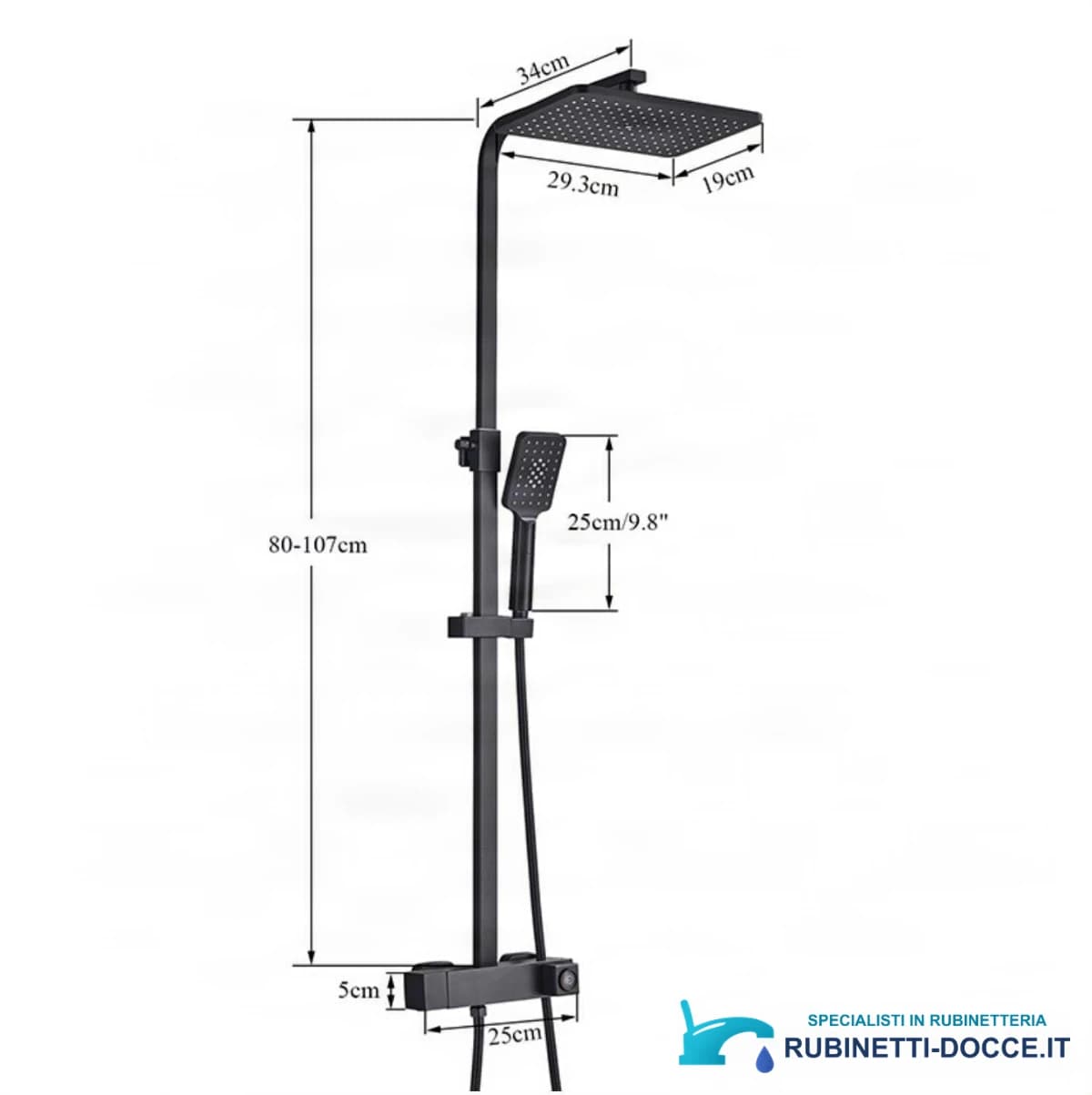 Disegno tecnico sistema doccia esterno BT1048 nero opaco (80-107 cm, soffione 29,3×19 cm)