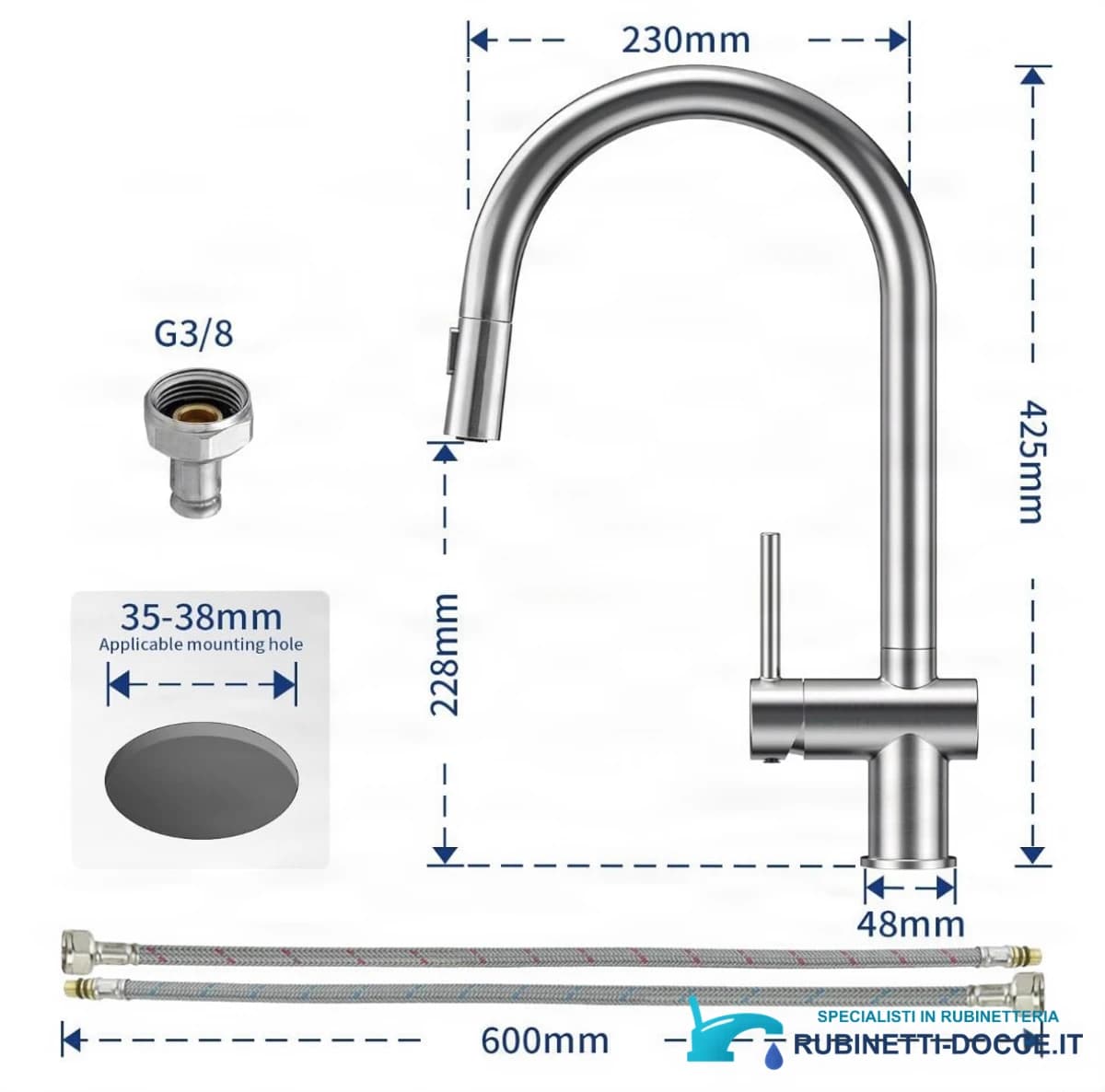 Specifiche KL1109: effetto acciaio inox, altezza 425 mm, attacco G3/8
