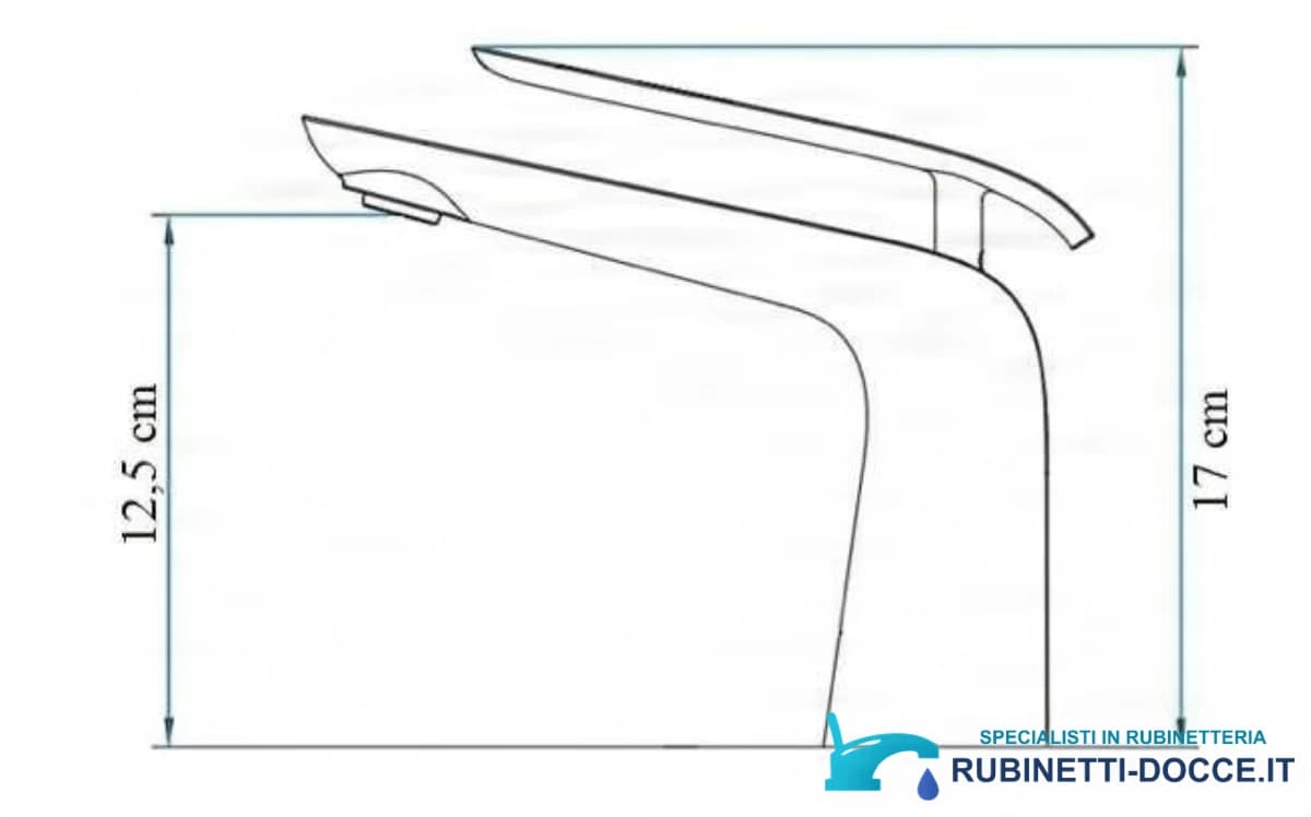 Disegno tecnico del rubinetto lavabo woo-6963, altezza totale 17 cm e altezza bocca 12,5 cm