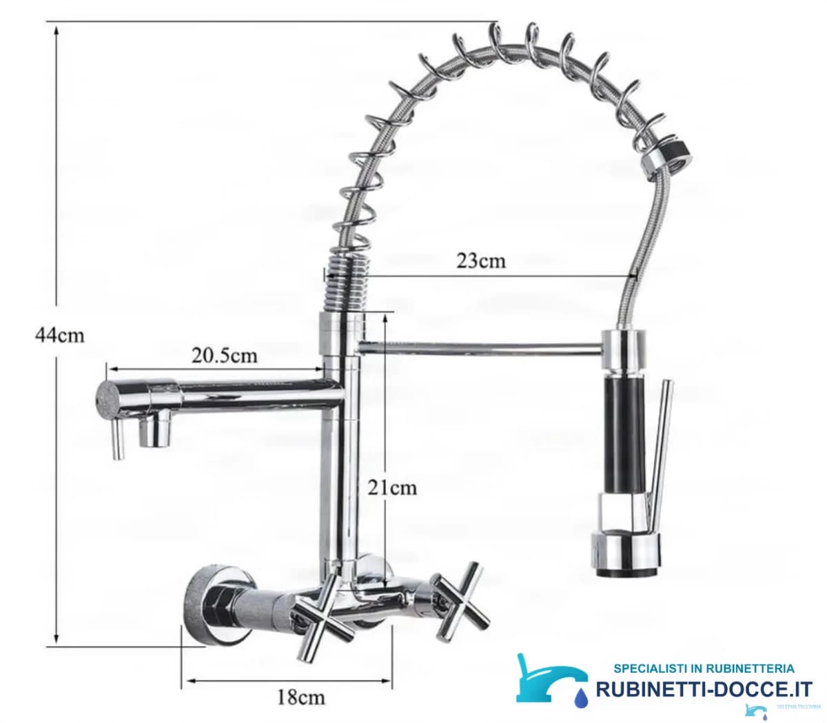 Disegno tecnico del rubinetto a parete WK1002 a doppia uscita, altezza 44 cm
