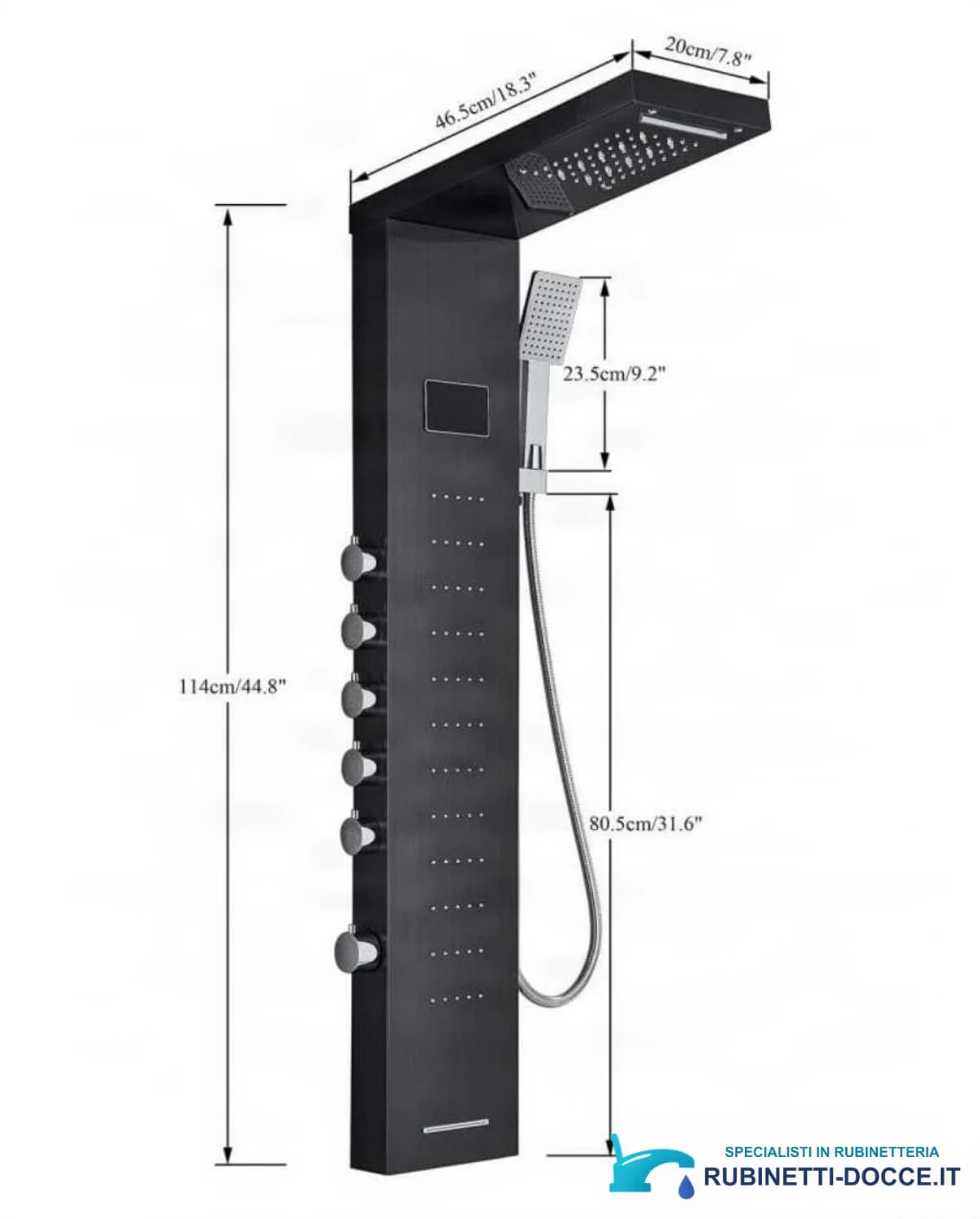 Dimensioni del sistema doccia esterno EYN BSP2040 con display LED in nero opaco