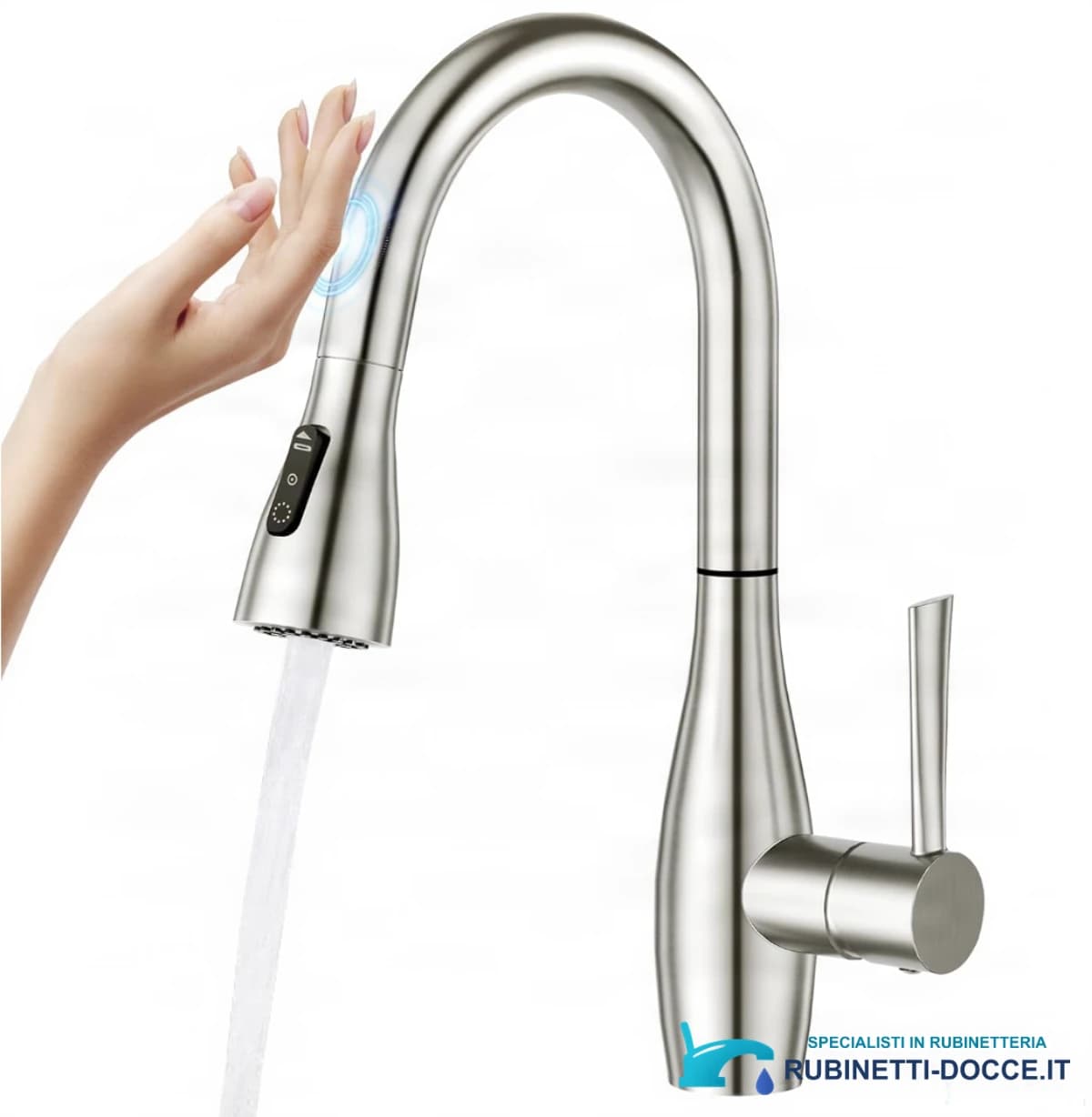 Rubinetto da cucina smart KFS1428 con sensore touch, finitura argento spazzolato