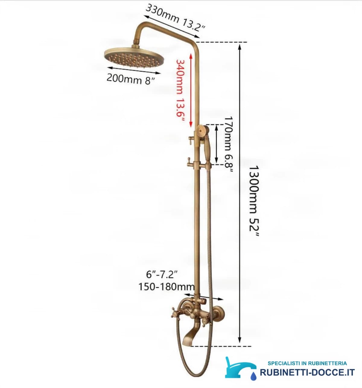 Sistema doccia esterno EYN woo-3100 AT1442 con bocca girevole, in ottone antico, bronzo antico e altre finiture