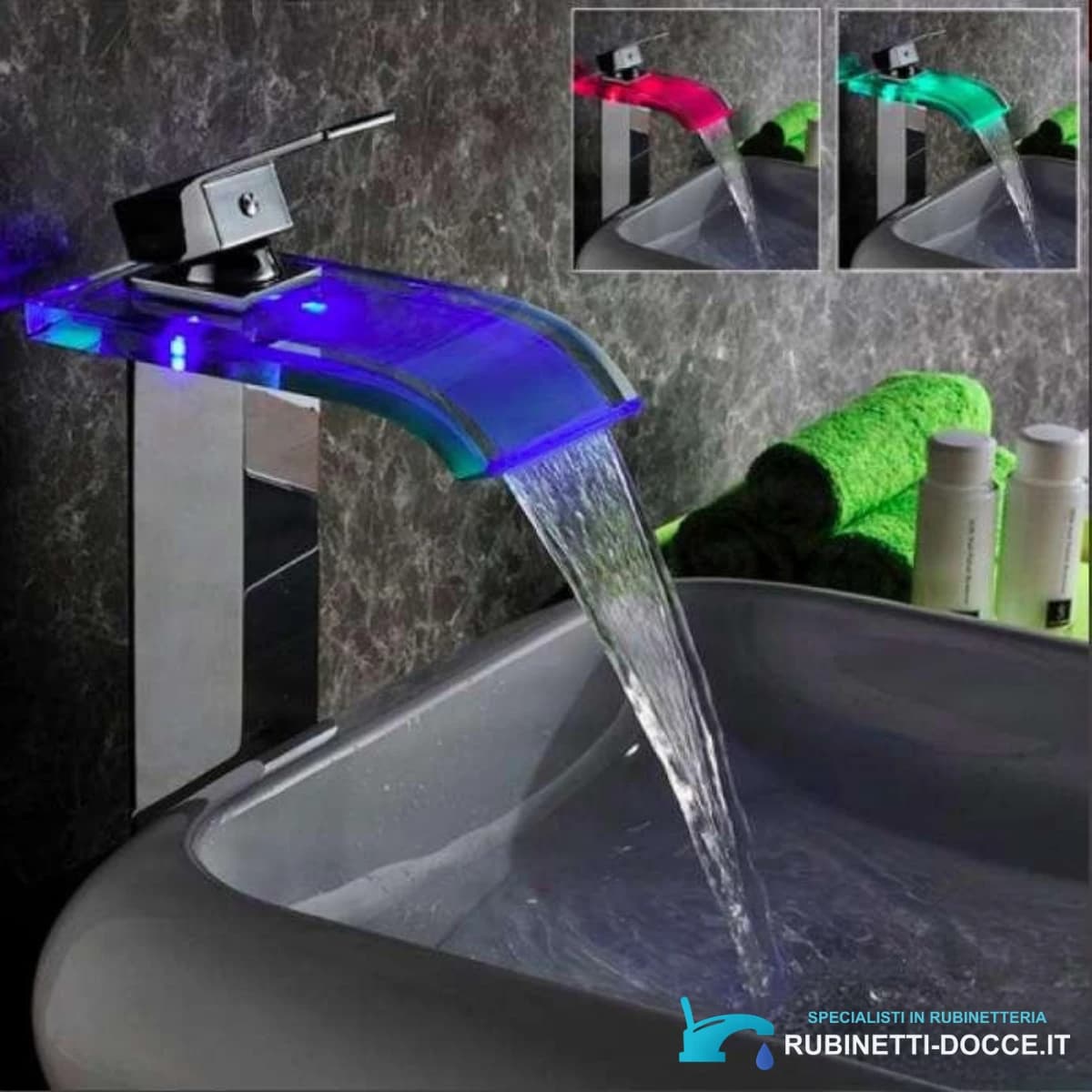 Rubinetto bagno EYN x013 woo-986 in cromo lucido con bocca a cascata illuminata in blu