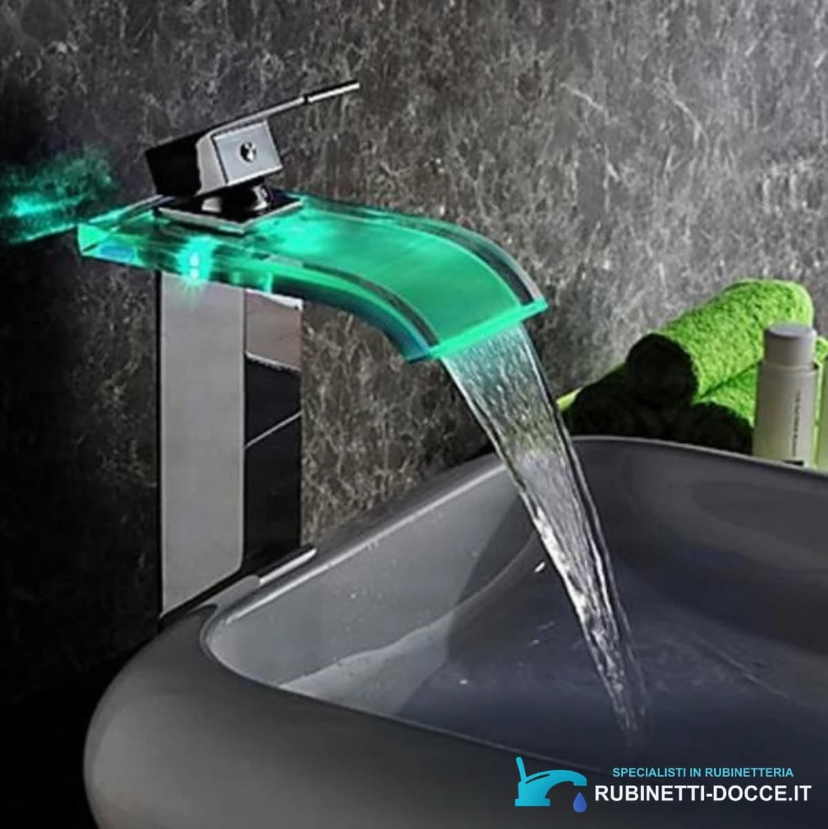 Rubinetto EYN x013 woo-986 su lavabo da appoggio con illuminazione verde