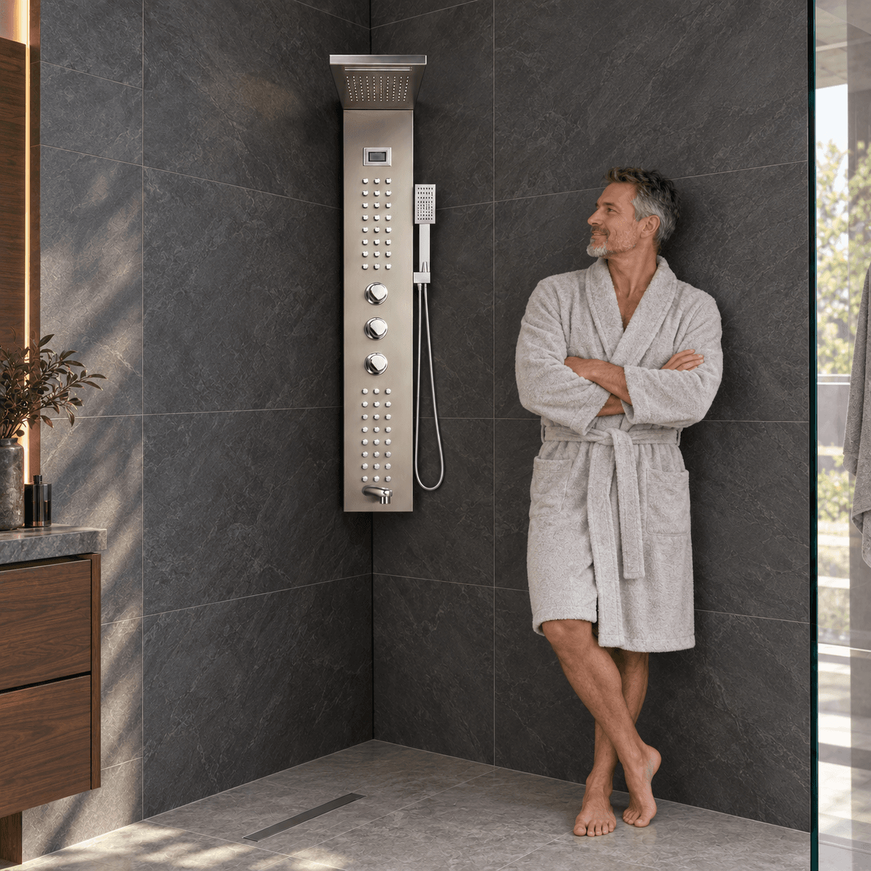 Pannello doccia EYN TP1912L termostatico, angolare o a parete, con getti massaggianti, in più finiture tra cui argento e grigio bronzo