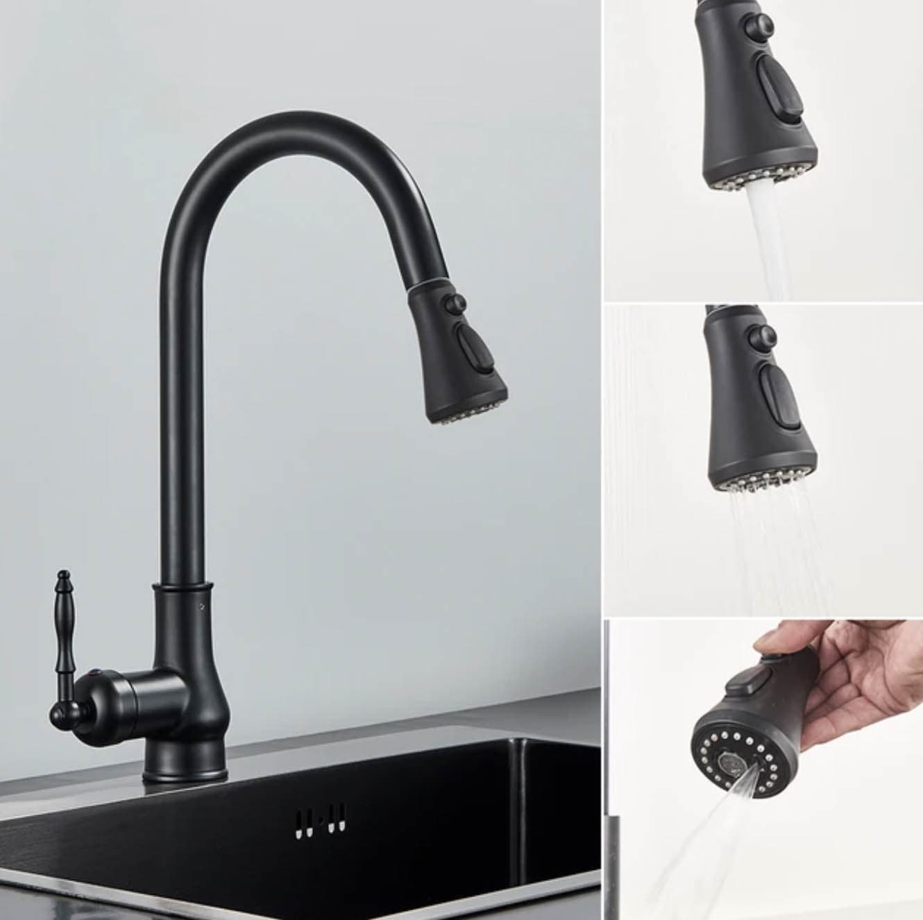 Rubinetto da cucina EYN KS1448 in ottone con doccetta estraibile e getto a cascata, finiture dall’ottone anticato al nero KS1448 — 1