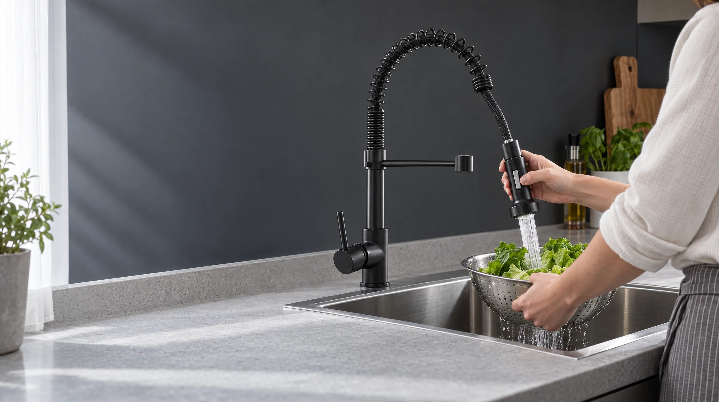 Rubinetto da cucina nero con doccetta estraibile su un lavello in acciaio inox; una persona in piedi alla destra del lavello sciacqua una ciotola di vetro con la doccetta estratta.